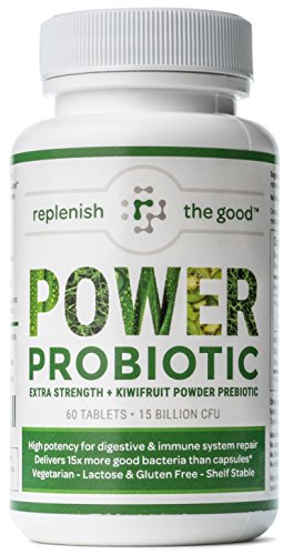 Power Probiotic Extra Strength 60ct 15 Billion CFU, 10 Strains, Kiwi Prebiotic, Time Release, 30-Day Supply. Reduce & Relieve Bloated Stomach & Acid Reflux. Intestinal, Digestive & Brain Health